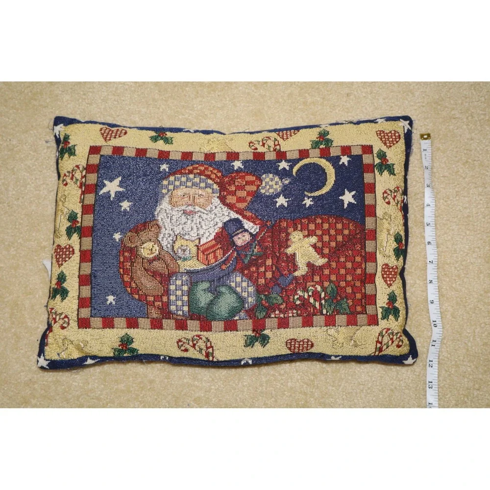 Vintage Christmas Santa Claus Decorative Pillow 16x11 Navy Red Tapestry Woven